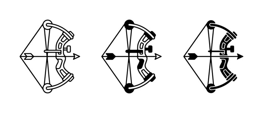 Compound Bow and Arrow Icons, Archery Equipment Set, Hunting and Sport Graphics, Vector Illustrations