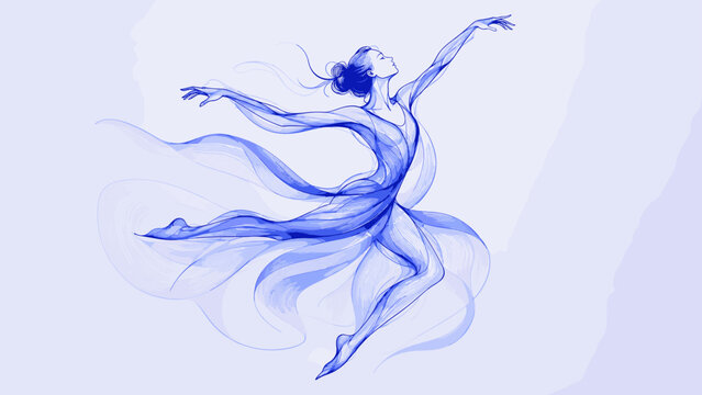 Elegant dancer in flowing blue lines captures a moment of graceful movement
