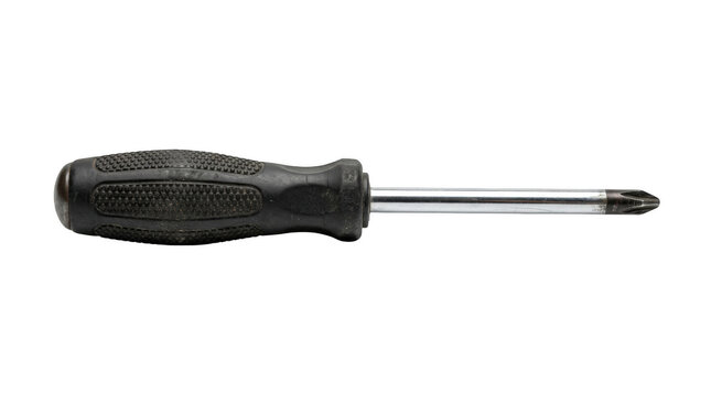 A single Phillips screwdriver lies horizontally, highlighting its metal shaft and textured ergonomic grip against black