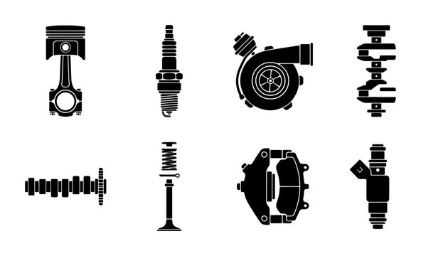 Automotive Engine Parts Collection, Vector Icons: Piston, Spark Plug, Turbocharger, Crankshaft, Camshaft, Valve, Brake Caliper, Fuel Injector