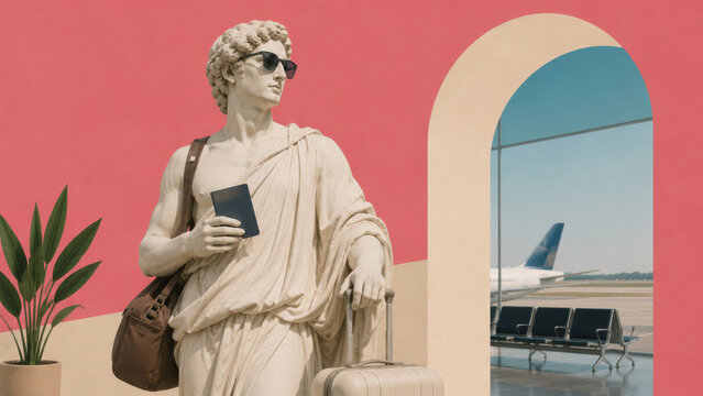 Marble statue in sunglasses stands in an airport terminal with a suitcase, leather bag and passport as a plane waits on the runway