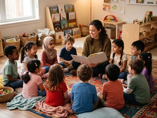 Obraz premium teacher reading storybook to diverse children sitting together in circle