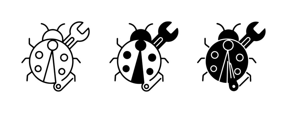 Bug Fixing Icons, Software Debugging Symbols, Technical Support Vector Graphics