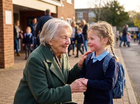 smiling grandmother holding hands with granddaughter outside school building