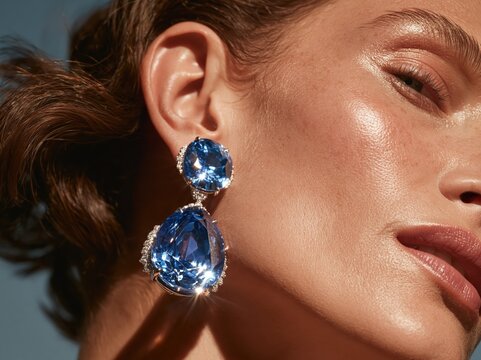 Elegant blue gemstone drop earrings adorning a woman's ear with sparkling diamonds