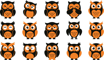 Obraz premium Set of cute cartoon owls with different emotions and expressions