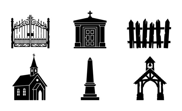 Cemetery Icons Set: Mausoleum, Gate, Church, Obelisk, Fence, Archway, Funeral, Memorial, Gothic, Silhouette Vector Graphics