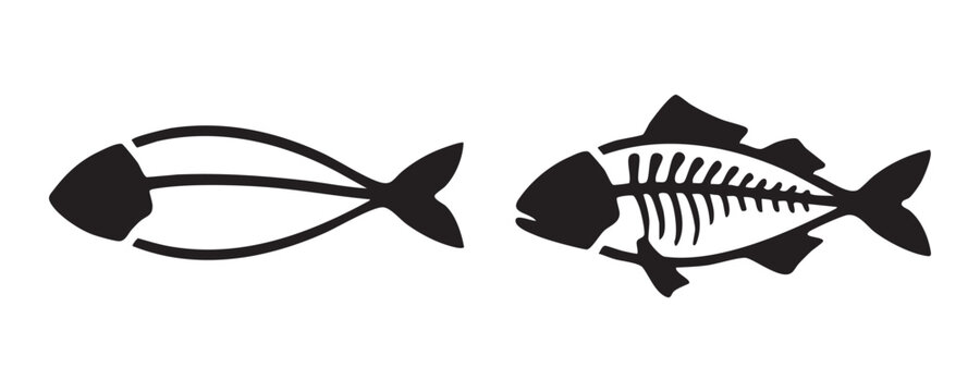 Fish bone and fish skeleton solid black icons set for food and fishing designs.