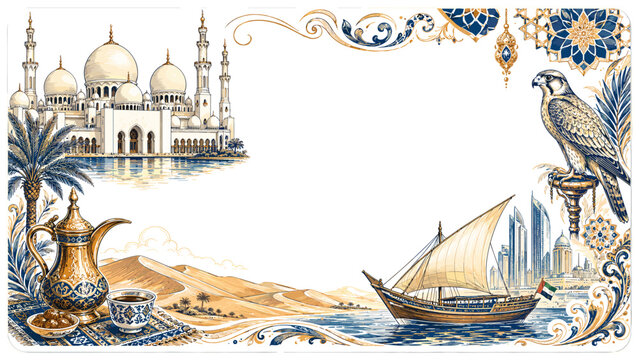 Abu Dhabi decorative travel postcard collage with grand mosque domes, desert dunes, falcon, dhow boat, palm tree, coffee pot, and