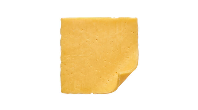 Single square cheddar cheese slice with curled corner for food styling, menus, advertising, and recipes