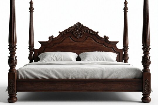 Ornate four poster bed crafted from dark wood. Features a carved headboard, posts, and white linen bedding. Isolated on a clean white backdrop, this classic furniture piece invites comfort and rest.