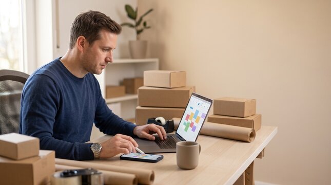 Home entrepreneur scheduling digital marketing content, small business transformation, online promotion workflow from a clean home office workspace