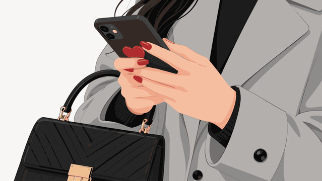 Woman holding a smartphone with a red heart popsocket and a black handbag