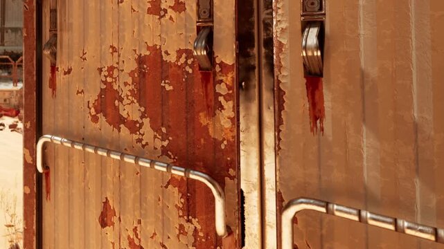 A rusty metal door is shown with peeling paint. The door is located in an abandoned building. Debris surrounds the area on the ground, indicating long term neglect.