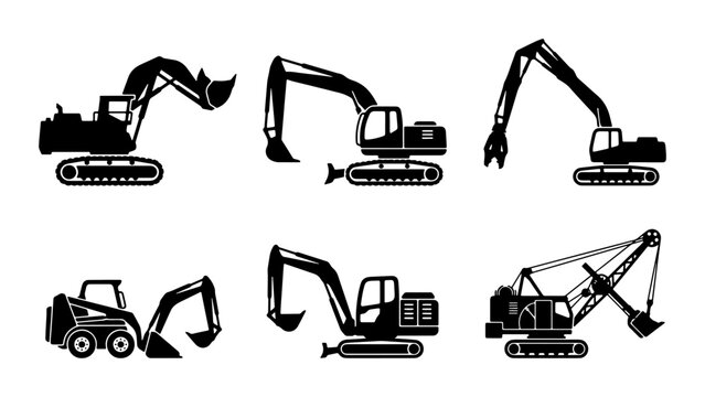 Excavator Icons Set, Construction Machine Silhouettes, Heavy Equipment Vector Graphics, Industrial Vehicle Collection