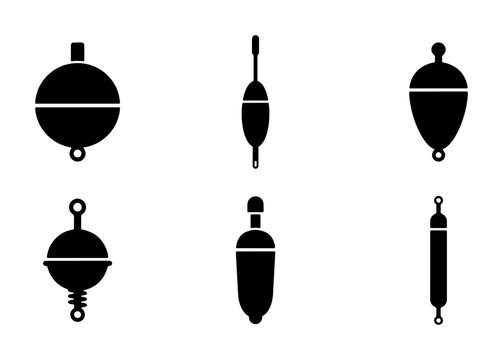 Fishing Floats Vector Icons Set, Bobbers Silhouette Collection for Angling Gear and Tackle Design, Isolated Black Graphics
