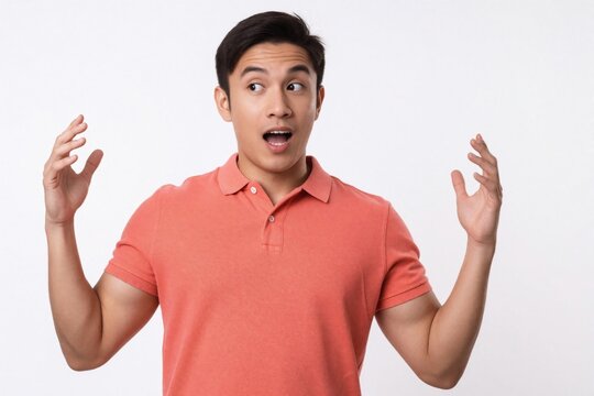 Young Asian man in orange polo shirt shows funny shocked face expression. Male person looks to side with wide eyes, open mouth. Surprised guy makes silly gesture with hands against white background.