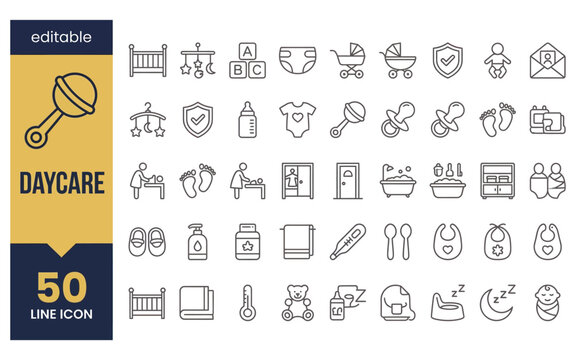Daycare line icon set featuring infant care items baby products and nursery equipment for parents.
