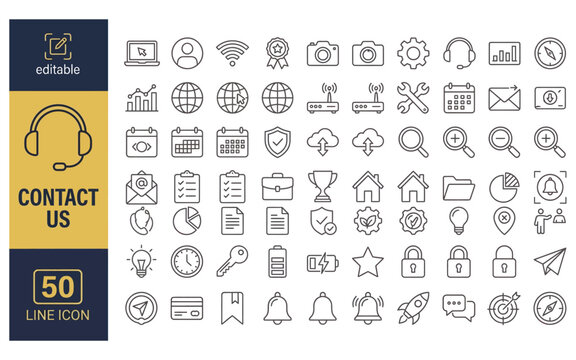 Contact us outline icons set featuring communication symbols in simple line style for web design usage.
