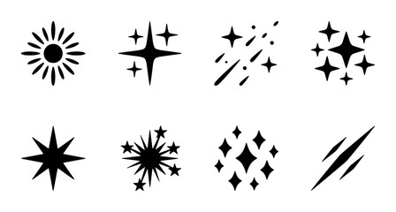 Fototapeta premium Sparkle Starburst Icons, Glittering Shine Elements, Bright Light Burst Graphics, Festive Celebration Symbols, Vector Set