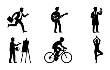 Obraz premium Silhouette Icons: Business Man Running, Guitarist, Doctor, Artist, Cyclist, Yoga Pose, Vector Set for Lifestyle and Activity Concepts