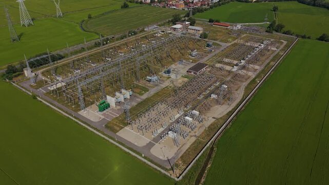 Aerial View of Electrical Substation in Lacchiarella, Milan, Italy. Power Grid Infrastructure