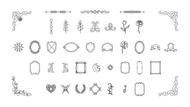 Set of vintage decorative elements, floral borders, frames, and ornaments for wedding invitations