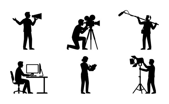 Filmmaking Icons Set, Silhouette Crew Members, Movie Production Graphics, Video Creation Professionals, Cinema Equipment, Director, Cameraman, Sound Recordist, Editor, Lighting Technician