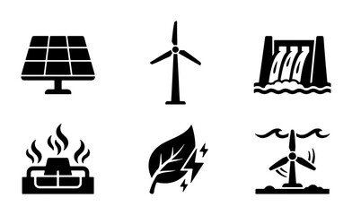 Fototapeta premium Renewable Energy Icons Set: Solar, Wind, Hydro, Geothermal, Leaf Power, Offshore Wind