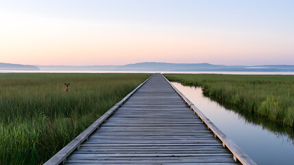 Obraz premium Serene wooden boardwalk leading through lush green wetland marsh toward calm lake waters at peaceful sunrise with a small deer standing near