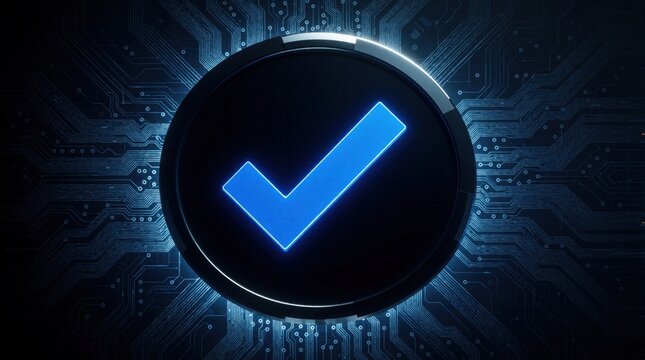 Blue check mark inside dark circle on circuit board background. Digital symbol of success, approval, verification, or security. Tech concept.