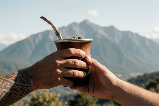 Two hands hold mate gourd with bombilla. People share herbal tea drink outdoors. Mountain landscape backdrop signifies friendship and connection over a traditional beverage.