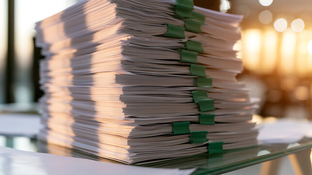 Large stack of white paper documents secured with green binder clips on a glass office desk during sunset light for corporate business use