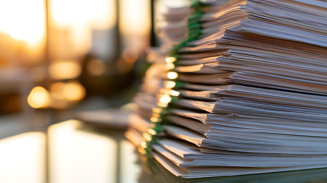 Large stack of office paper document file archive neatly organized with green binder clip on glass desk surface illuminated by bright sunset