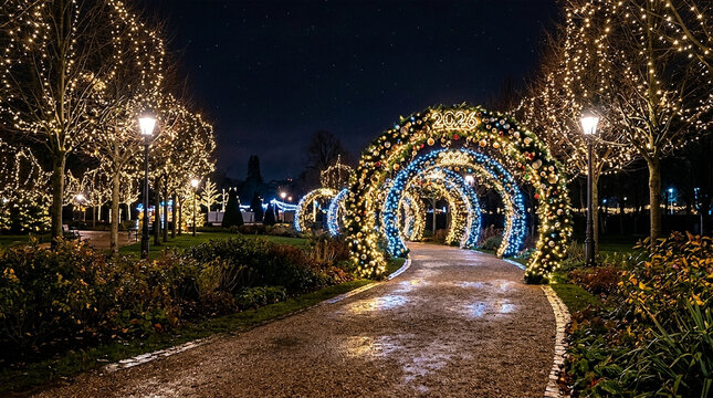 Enchanting path adorned with golden and blue Christmas lights on festive archways at night