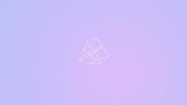 Geometric wireframe tesseract structure centered in a soft purple gradient minimalist digital