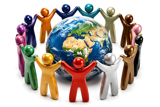 Colorful stylized figures holding hands in a circle around the Earth globe representing global unity