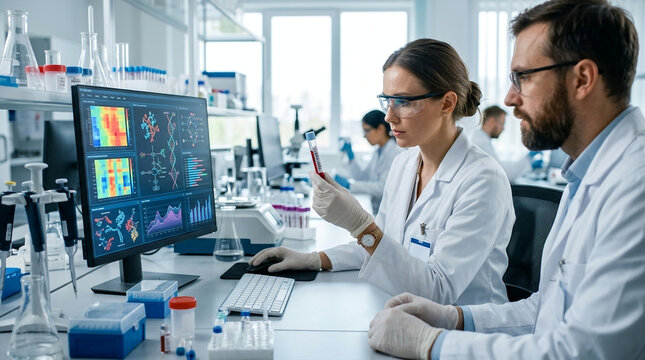 Medical researchers analyzing data on a computer screen in a modern science laboratory