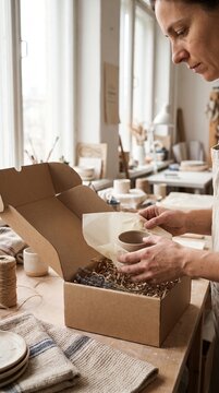 A skilled artisan carefully packages a ceramic creation into a cardboard box, her studio filled with light and pottery supplies, hinting at the meticulous process of handmade craft.