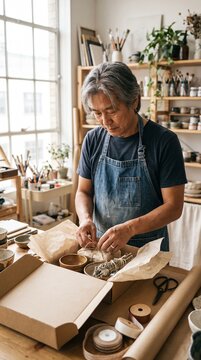 An experienced artisan carefully wraps a handmade ceramic piece in a sunlit studio, surrounded by shelves filled with art supplies and finished works.