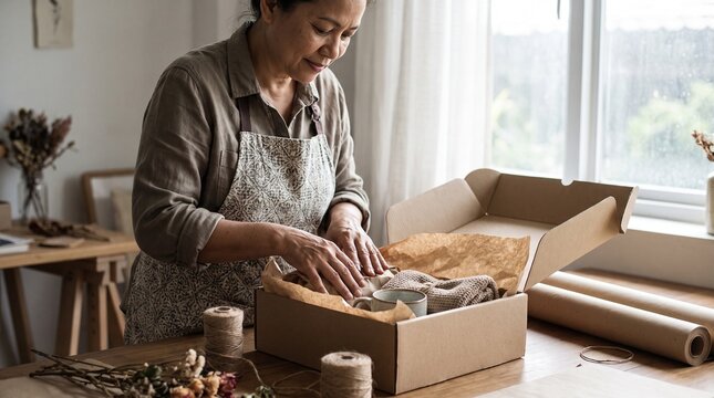 A skilled artisan meticulously packages a handmade ceramic piece into a sturdy cardboard box, preparing it for shipment. The warm.