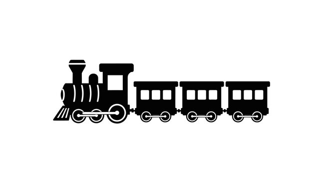 Black silhouette of a steam train with two cars on a white background