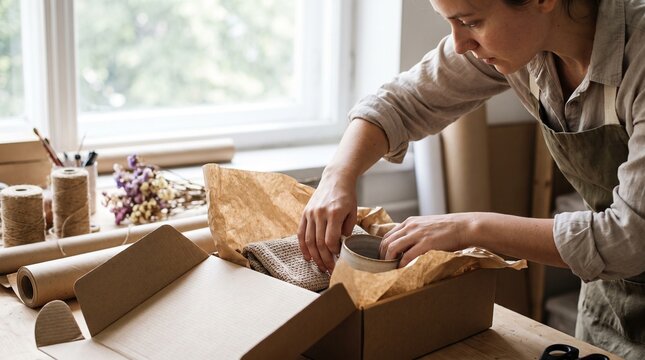A diligent artisan carefully packs an order into a cardboard box, showcasing a focus on detail and craftsmanship. The scene is filled with natural light.