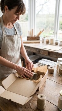 A woman wearing an apron carefully packs a cardboard box with eco-friendly packaging, showcasing a commitment to sustainability and mindful consumption in a rustic, artisanal setting.