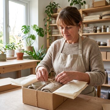 A skilled artisan carefully packs a handmade ceramic mug and linen textile into a gift box, surrounded by her plant-filled studio, showcasing a passion for craft and mindful gifting.