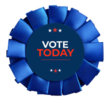 Blue ribbon rosette badge displaying vote today message, promoting elections with transparent background