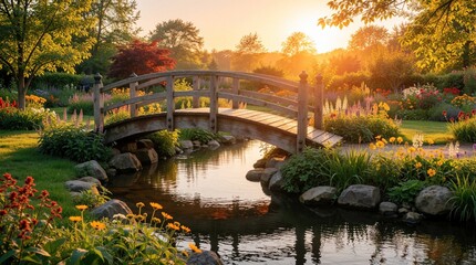 Fototapeta premium Wooden arch bridge over stream in lush garden. Colorful flowers bloom, trees surround creek. Golden hour sun casts warm light on peaceful nature scene. Serene landscape.