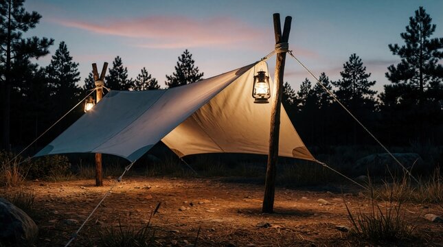 Rustic campsite setup at dusk with white tarp shelter between wooden poles. Warm lanterns hang on sticks, illuminating tent area in dark forest. Outdoor camping gear provides light in wild nature