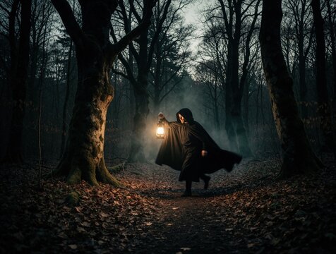 Mysterious man in black hooded cloak walks through dark forest. Lone wanderer carries glowing lantern on forest path at night. Spooky silhouette moves among tall trees in misty woods. Dark fantasy