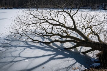 Obraz premium Branches of fallen tree over white frozen pond. Suggested keywords winter, glace, duck pond, ice, lake, nature, landscape, cold, seasonal, sunshine, sunlight, fallen tree, wood, water, freezing,